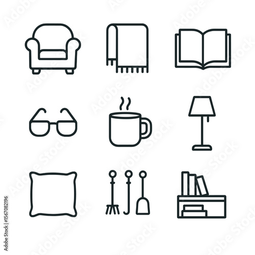 Cozy Reading Icons. Outline icon set of cozy reading essentials by the fireplace: armchair, blanket, book, reading glasses, mug of