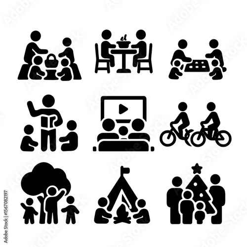 Family Time Icons. Solid, filled icon set of grandchildren family time: picnic, family dinner, board game, storytelling, movie