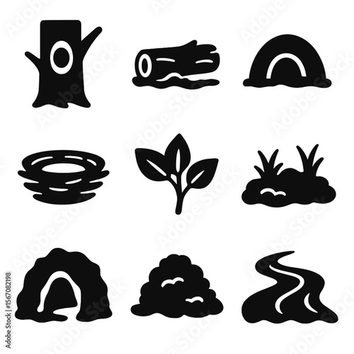 Forest Habitat Icons. Solid, filled icon set of forest animal habitats: tree hollow, fallen log, burrow, nest, canopy leaves,