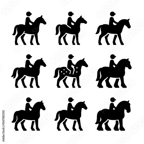 Horse Breeds Icons. Solid, filled icon set of horseback riding horse breeds: thoroughbred, arabian, quarter horse, mustang,