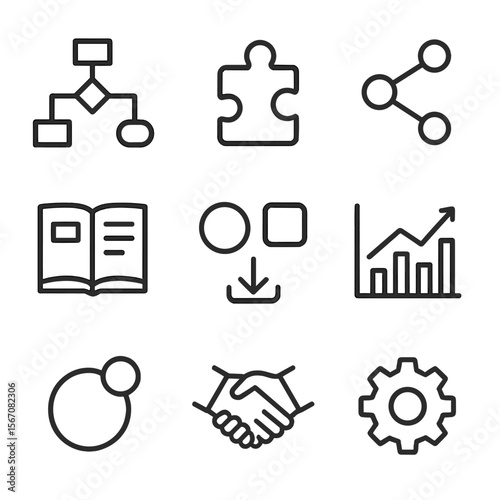 Creative Toolchain Icons. Outline icon set of integrated creative toolchains: workflow flowchart, plugin puzzle piece, API