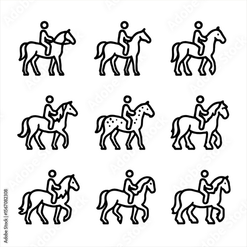 Horse Breeds Icons. Solid, filled icon set of horseback riding horse breeds: thoroughbred, arabian, quarter horse, mustang,