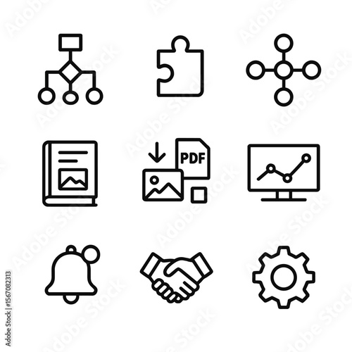 Creative Toolchain Icons. Outline icon set of integrated creative toolchains: workflow flowchart, plugin puzzle piece, API