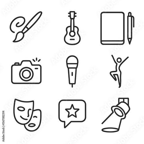 Creative Tools Icons. Outline icon set of self-expression tools: paintbrush with swirl, musical instrument (e.g., guitar)