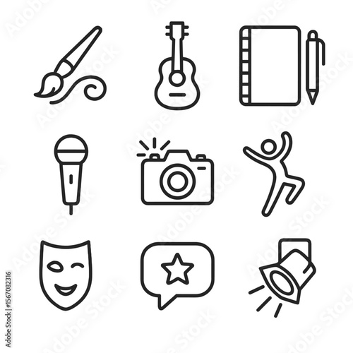 Creative Tools Icons. Outline icon set of self-expression tools: paintbrush with swirl, musical instrument (e.g., guitar)