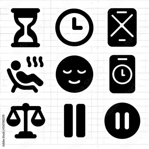Digital Detox Icons. Solid, filled icons set of screen time and social well-being: hourglass icon, clock icon,