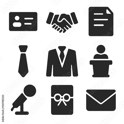 Formal Greetings Icons. Solid, filled icon set of formal greetings: business card, handshake, letter, tie, suit, podium,