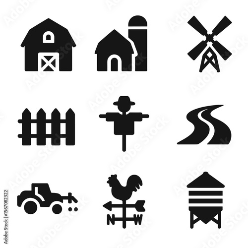 Farm Icon Grid. Solid, filled icon set of farm landscape features: barn, silo, windmill, fence, scarecrow, dirt road, crop sprayer