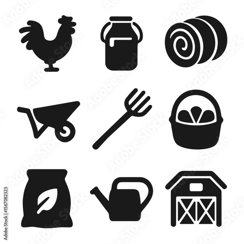 Farm Icons Collection. Solid, filled icon set of early farm activities: rooster crowing, milking pail, hay bale, wheelbarrow,