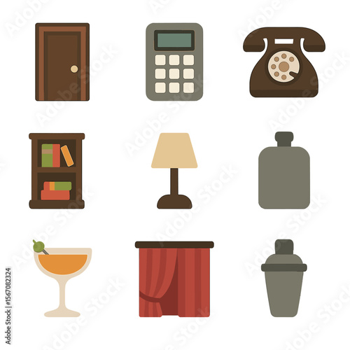 Speakeasy Icons Collection. Flat icon set of speakeasy and secret bars: unmarked door, hidden keypad entry, vintage telephone,