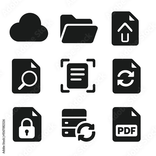Digital Document Icons. Solid, filled icons set of digital document management: cloud storage, folder icon,