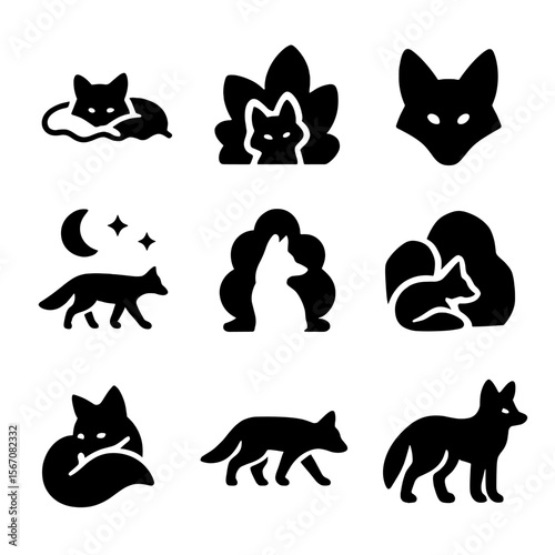 Fox Camouflage Icon Set. Solid, filled icon set of fox camouflage and survival: blending into snow, hiding in bush, alert ears,
