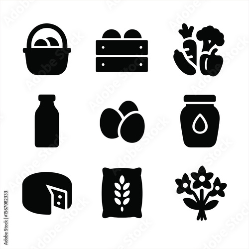 Farm Produce Icon Set. Solid, filled icon set of farm produce: basket, crate, fresh vegetables, milk bottle, eggs, honey jar,
