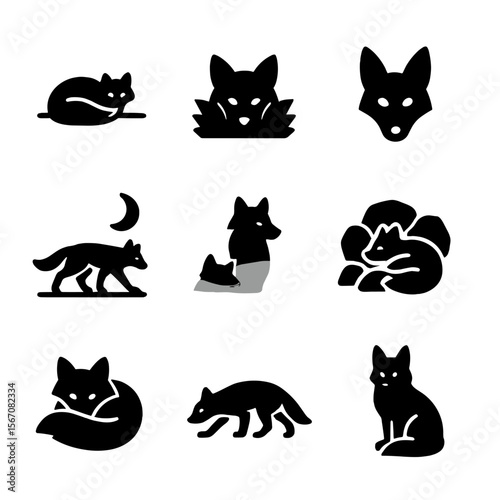 Fox Camouflage Icon Set. Solid, filled icon set of fox camouflage and survival: blending into snow, hiding in bush, alert ears,