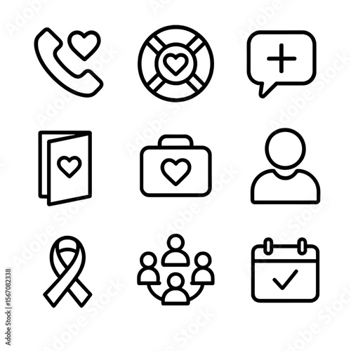 Crisis Support Icons. Outline icon set of crisis support services: helpline phone with heart, lifebuoy with heart, emergency chat