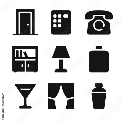 Speakeasy Icon Set. Solid, Filled icon set of speakeasy and secret bars: unmarked door, hidden keypad entry, vintage telephone,