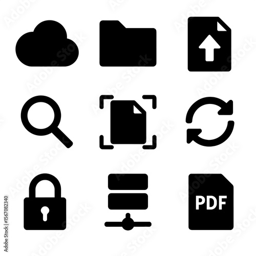 Digital Document Icons. Solid, filled icons set of digital document management: cloud storage, folder icon,
