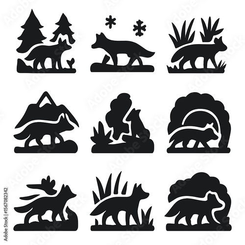 Fox Habitat Icons. Solid, filled icon set of fox in natural habitats: forest clearing, snowy field, grassland, mountain trail,