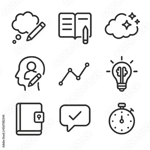 Creative Writing Icons. Outline icon set of creative writing activities: thought bubble with pencil, storytelling notebook,