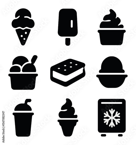 Frozen Desserts Icons. Solid, filled icons set of frozen desserts: ice cream cone, popsicle, frozen yogurt,