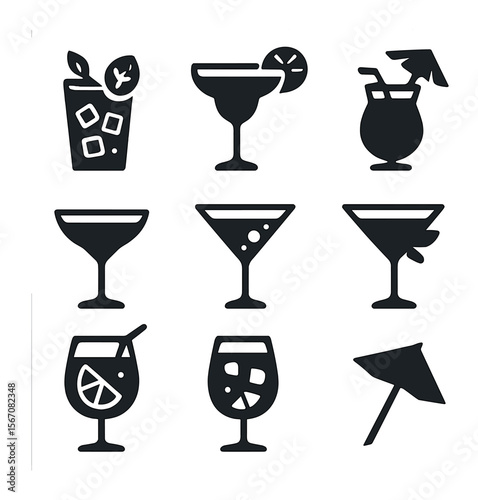 Summer Cocktail Icons. Solid, filled icons set of summer cocktails: mojito, margarita, piña colada, daiquiri,