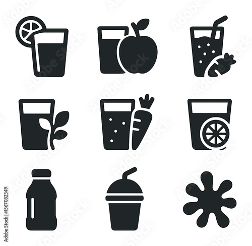 Juice Icon Collection. Solid, filled icons set of juice drinks: orange juice, apple juice, berry smoothie,
