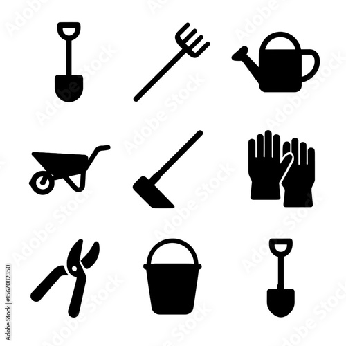 Farm Tools Icons. Solid, filled icon set of Farm tools: shovel, rake, watering can, wheelbarrow, hoe, gloves, pruning shears,