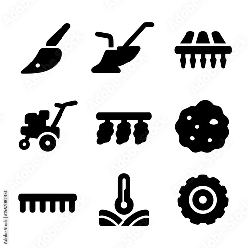 Soil Preparation Icons. Solid, Filled icon set of soil preparation furrows: plowshare, moldboard plow, harrow, rototiller, disc