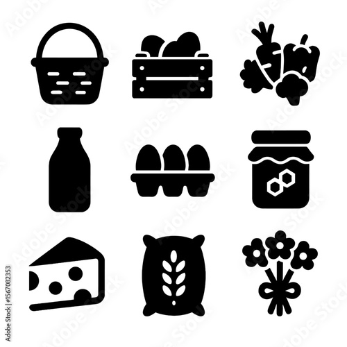 Farm Produce Icon Set. Solid, filled icon set of farm produce: basket, crate, fresh vegetables, milk bottle, eggs, honey jar,