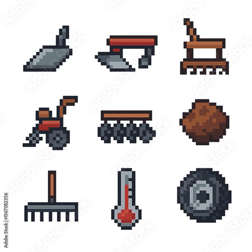 Soil Preparation Icons. Pixel art icon set of soil preparation furrows: plowshare, moldboard plow, harrow, rototiller, disc harrow