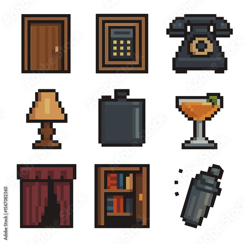 Speakeasy Icon Set. Pixel art icon set of speakeasy and secret bars: unmarked door, hidden keypad entry, vintage telephone, secret