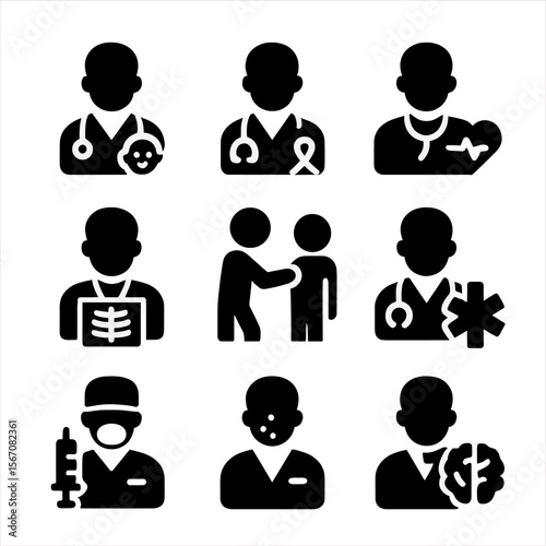 Hospital Roles Icons. Solid, filled icon set of hospital roles diversity: pediatrician, oncologist, cardiologist, radiologist,