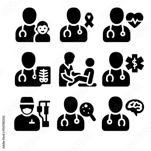 Hospital Roles Icons. Solid, filled icon set of hospital roles diversity: pediatrician, oncologist, cardiologist, radiologist,