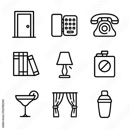 Speakeasy Icon Collection. Outline icon set of speakeasy and secret bars: unmarked door, hidden keypad entry, vintage telephone,
