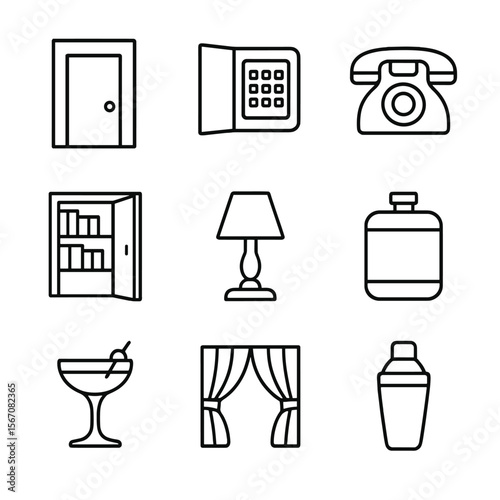 Speakeasy Icon Collection. Outline icon set of speakeasy and secret bars: unmarked door, hidden keypad entry, vintage telephone,