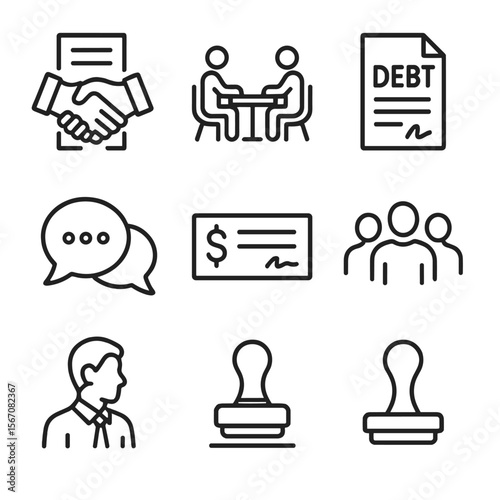 Creditor Negotiation Icons. Outline icon set of creditor negotiation and stakeholder communication: handshake with contract,