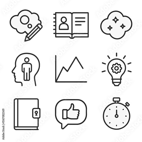 Creative Writing Icons. Outline icon set of creative writing activities: thought bubble with pencil, storytelling notebook,
