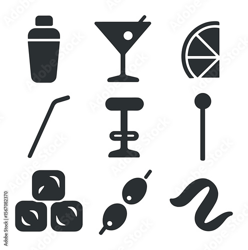 Cocktail Bar Icons. Solid, filled icons set of cocktail bar: shaker, martini glass, lime wedge, cocktail straw