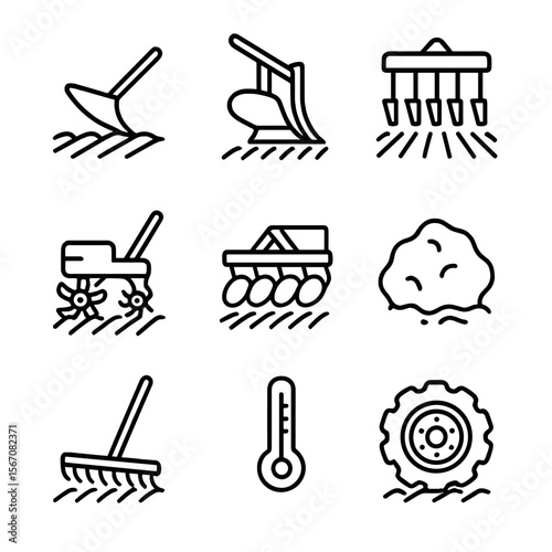 Soil Prep Icon Set. Outline icon set of soil preparation furrows: plowshare, moldboard plow, harrow, rototiller, disc harrow, soil