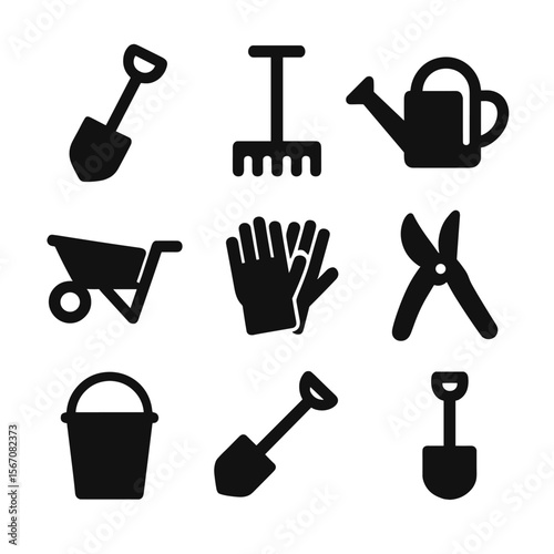 Farm Tools Icons. Solid, filled icon set of Farm tools: shovel, rake, watering can, wheelbarrow, hoe, gloves, pruning shears,