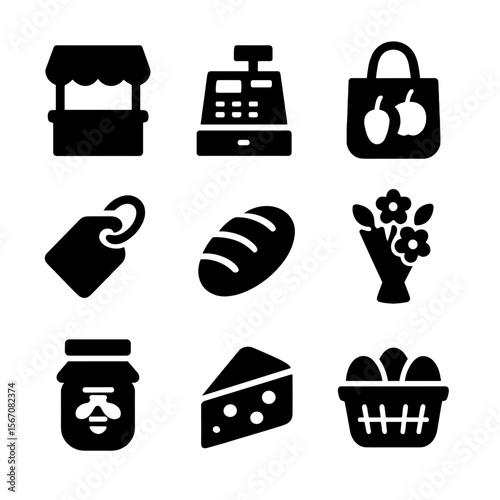 Farmers Market Icons. Solid, filled icon set of farmers market elements: market stall, cash register, reusable bag, price tag,