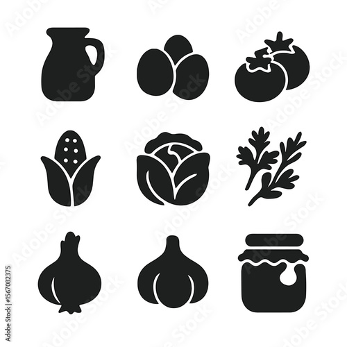 Farm-Fresh Icon Grid. Solid, filled icon set of farm-fresh ingredients: milk jug, eggs, tomatoes, corn, cabbage, herbs, onion,
