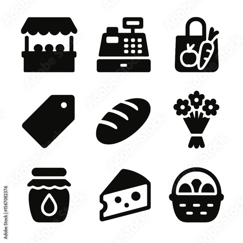 Farmers Market Icons. Solid, filled icon set of farmers market elements: market stall, cash register, reusable bag, price tag,