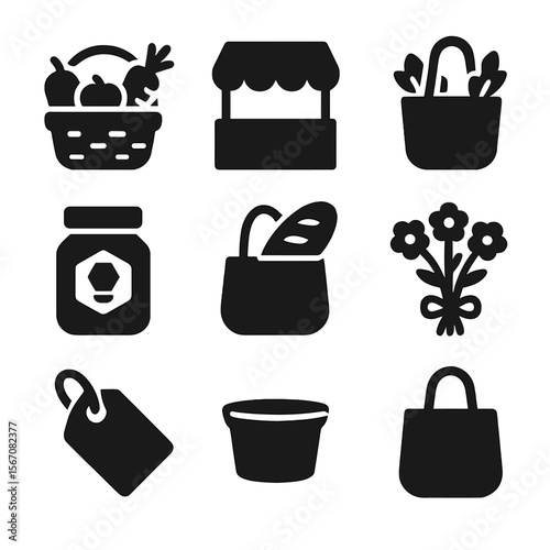 Farmers Market Icons. Solid, filled icon set of farmers market gathering: produce basket, canopy booth, reusable bag, local honey
