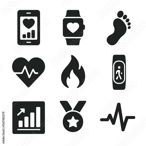 Digital Fitness Icons. Solid, filled icons set of digital fitness tracking: fitness app, smartwatch icon, step