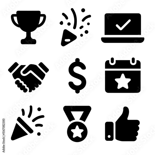 Freelancing Success Icons. Solid, filled icon set of online freelancing success celebrations: trophy, confetti, laptop with