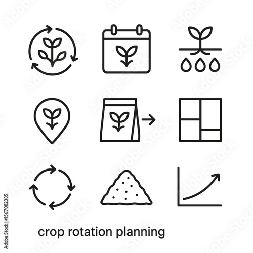 Crop Rotation Icons. Outline icon set of crop rotation planning: rotation chart diagram, calendar with crop icon, soil fertility
