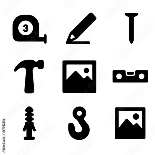 Framing and Hanging Icons. Solid, filled icon set of framing and hanging process: measuring tape, pencil mark, nail, hammer,
