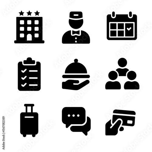 Hospitality Icon Set. Solid, filled icon set of Managing project teams in hospitality industry: hotel building, receptionist,