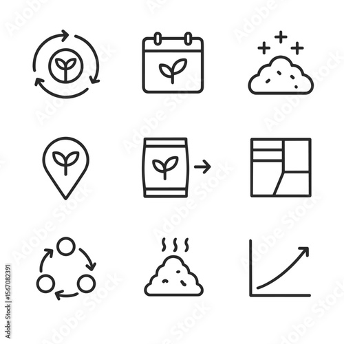 Crop Rotation Icons. Outline icon set of crop rotation planning: rotation chart diagram, calendar with crop icon, soil fertility